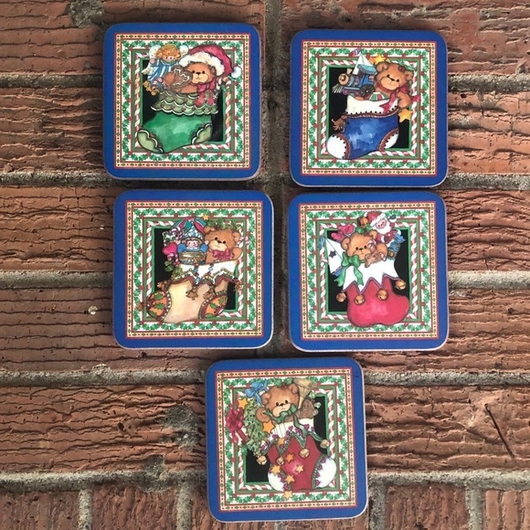 Set of 5 Pimpernel Christmas Stockings Teddy Bears & Toys Cork Back Coasters - Picture 1 of 8